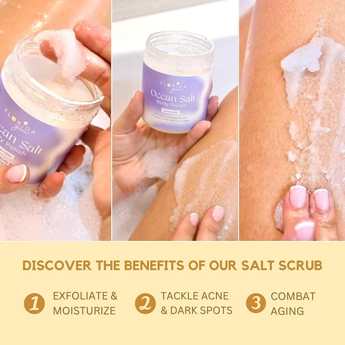 Sea Salt Body Scrub by Florida Suncare - Ocean Salt Body Polish Infused with Marine Algae - Exfoliating Face and Body Scrub - Facial Scrub Exfoliator to Tackle Acne and Scars (Yuzu, 3.3oz)-VivaGrace Women