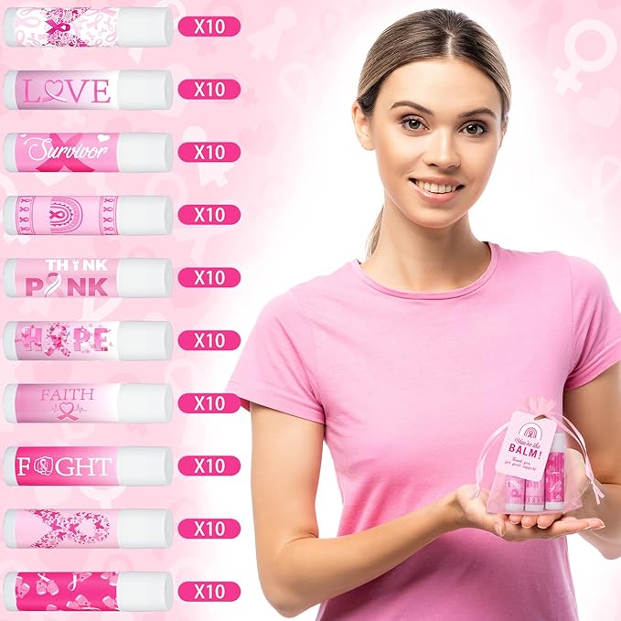 100 Set Pink Ribbon Breast Cancer Awareness Gifts Bulk, 100 Lip Balms, 100 Organza Gift Bags and 100 Tags Perfect for Charity Events, Survivors Awareness Campaigns-VivaGrace Women