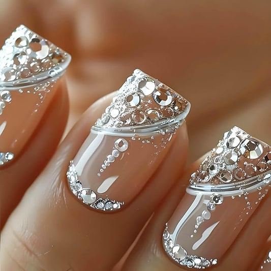 Press on Nails for Women Medium Square Fake Nails Sparkly False Nails with Rhinestones Designs Gold Glitter Artificial Nails Silver Line Glue on Nails Cute Stick on Nails 24Pcs