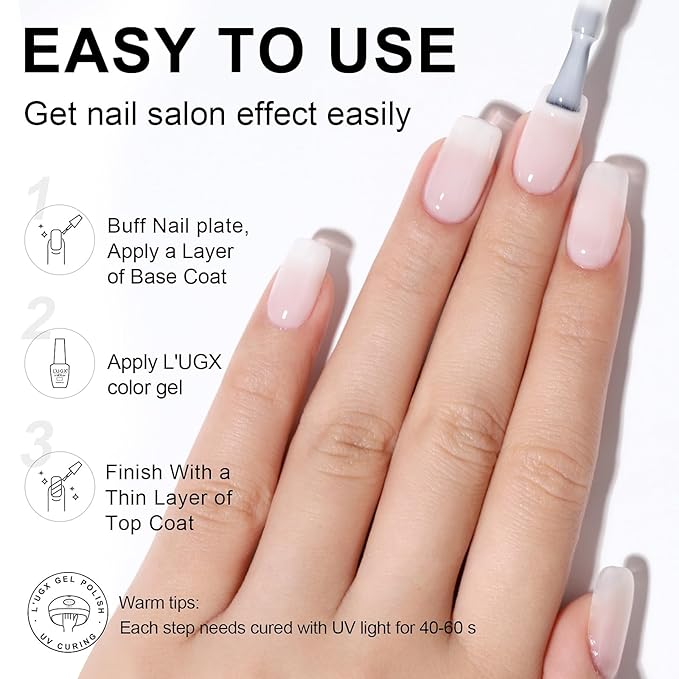 L'UGX Sheer Milky White Gel Polish 15ML Neutral Translucent Gel Nail Polish UV Jelly Natural French Gel Nail Color for Nail Art DIY Manicure & Pedicure at Home Salon Holiday Gifts for Women