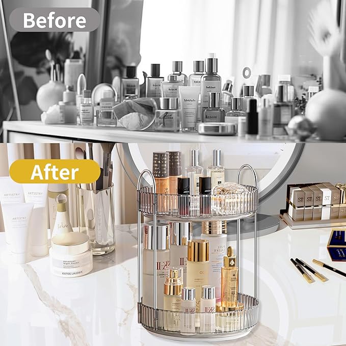 360 Rotating Makeup Organizer for Vanity,Bathroom Countertop Organizer,Spinning Perfume Organizer&Vanity Organizer(Grey-2 Tier)-VivaGrace Women