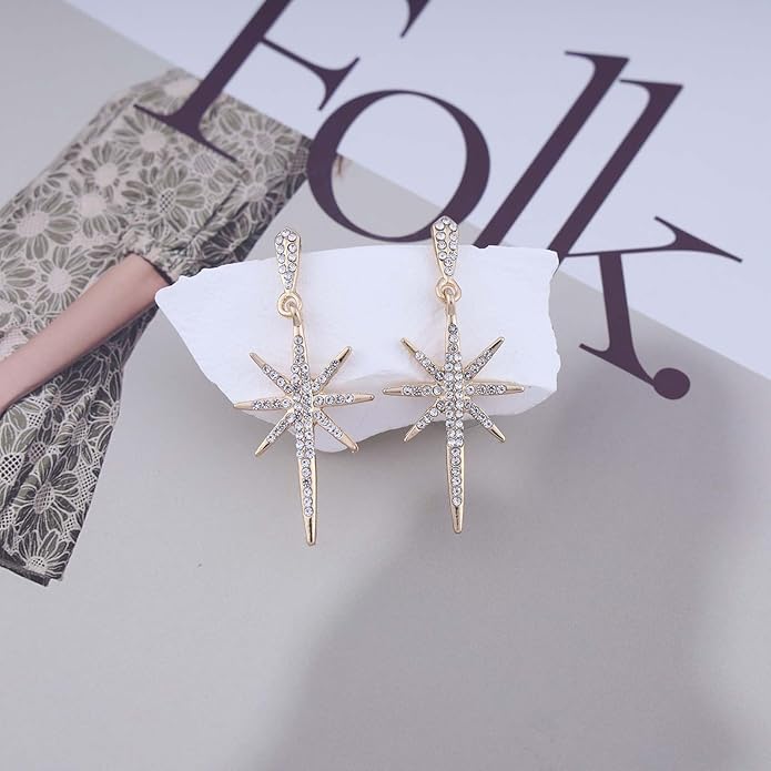 Vintage Crystal Northstar Dangle Earrings Rhinestone Northstar Studs Earrings Gold Cz Star Drop Earrings Sparkly Cz Starburst Earrings Jewelry for Women-VivaGrace Women