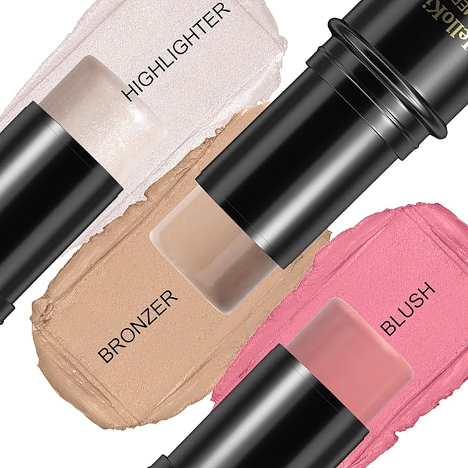 3 Pcs Face Contour Stick Kit, Matte Finish Face Stick Trio with Bronzer Blush Highlighter and Brush, Long Lasting Waterproof Cream Beauty Wand Makeup Set for Sculpt Glowing Face Look (#1, 8, 13)-VivaGrace Women
