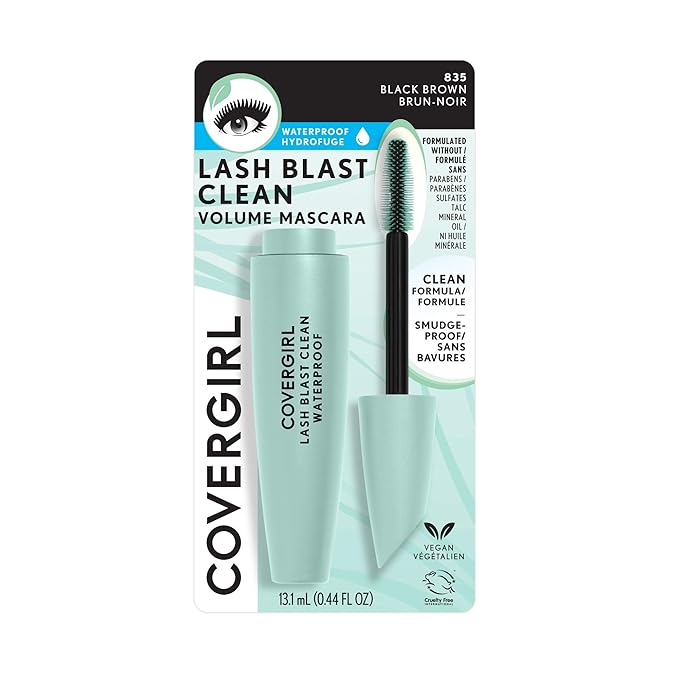 CoverGirl Lash Blast Clean Volume Waterproof Mascara, Vegan Formula, Volumizing, Smudge-Proof, Cruelty Free, Black Brown, 1 Count