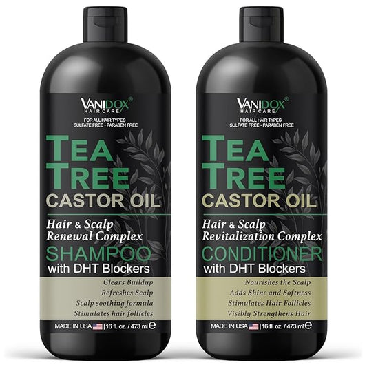 Tea Tree Oil Shampoo and Conditioner Set with Castor Oil, DHT Blockers, Itchy Scalp Relief, Supports Fuller Hair, Cleanses Dandruff & Buildup, For Men & Women, Made in USA, 16 fl oz Each-VivaGrace Women