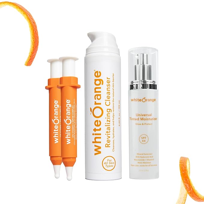 White Orange Full System 3 Step Skincare Routine Premium Anti-Aging Regimen Bundle For Healthy Glowing Skin - Revitalizing Cleanser, Advanced Vitamin C Serum & Universal Tinted Moisturizer with SPF 44-VivaGrace Women