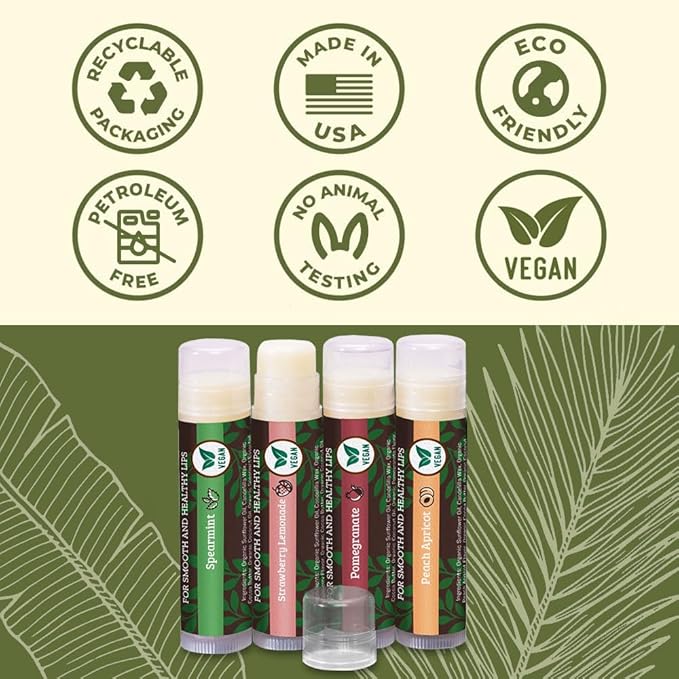 Vegan Lip Balm by Earth’s Daughter, Beeswax Free Lip Balm, Natural, Organic Flavors - 4 Pack of Assorted Flavors, Plant Based Vegan Chapstick, Lip Moisturizer-VivaGrace Women