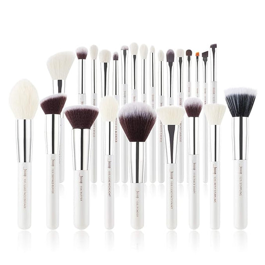Jessup Brand 25pcs Professional Makeup Brush Set Beauty Cosmetic Foundation Powder Blusher Eyeshadow Blending Highlight Concealer Natural-Synthetic Hair Brushes Set (Pearl White/Silver)-VivaGrace Women