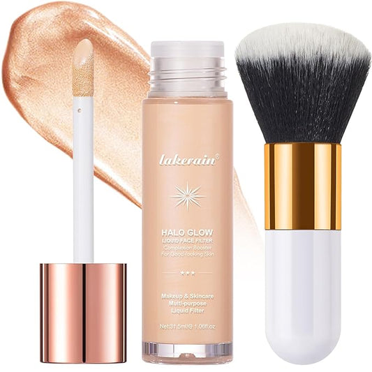Natural Glow Liquid Filter Makeup, Longwear Face Luminizer, Complexion Booster For Any Part of the Body, Liquid Highlighter with Brush Kit, Infused Hyaluronic Acid, 1.06 fl oz (#01 FAIR)-VivaGrace Women