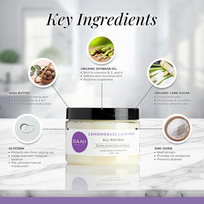 Naturals Sugar Scrub - Exfoliating Lemongrass Lavender with organic cane sugar and shea butter gently exfoliates and hydrates, leaving skin smooth and refreshed. 14 oz-VivaGrace Women
