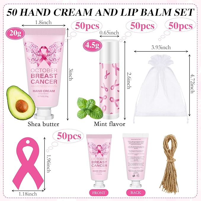 50 Set Breast Cancer Awareness Gifts Bulk Woman Pink Ribbon Lip Balm Hand Cream Include 50 Lip Balm 50 Hand Cream 50 Bag 50 Tag Breast Cancer Awareness Month Items Survivors Offices-VivaGrace Women