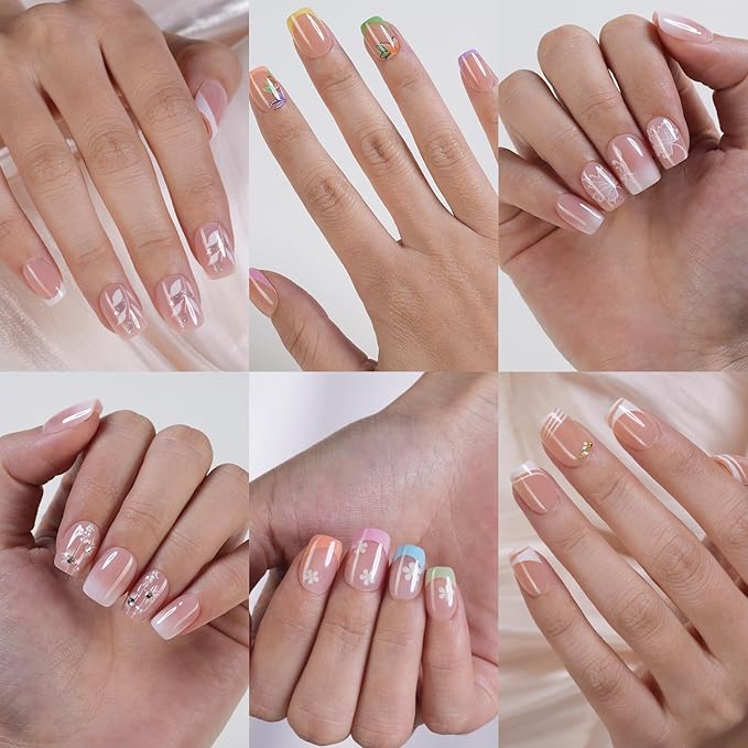6 Packs (144 Pcs) Short Press on Nails Square, Plauva French Tip Matte Fake Nails, Flower Stick On Nails, Reusable Full Cover Press on Nails for Women and Girls