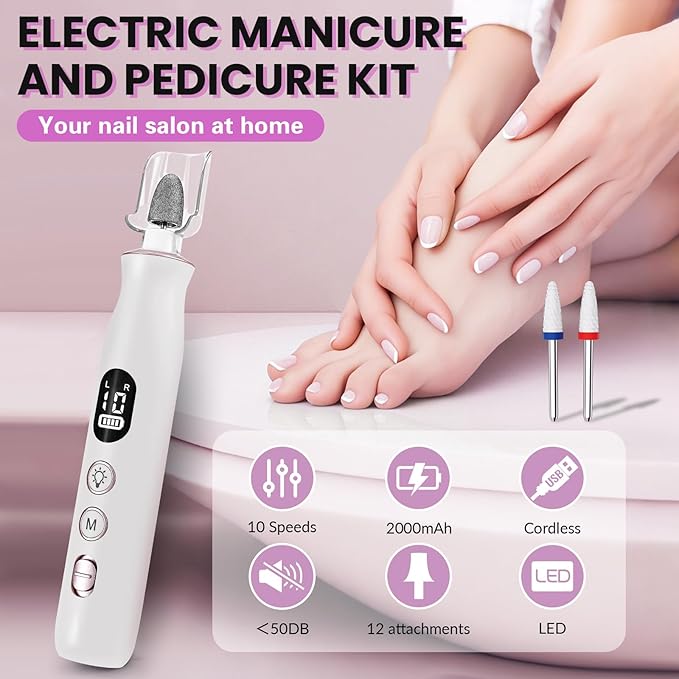 Electric Nail Drill, Cordless 2000 mAh Rechargeable Portable Nail File 12 in 1 Kit for Thick Toenails, 10 Speeds Nail Dril Machine Professional Manicure Pedicure for Hand Natural Nails Care (White)-VivaGrace Women