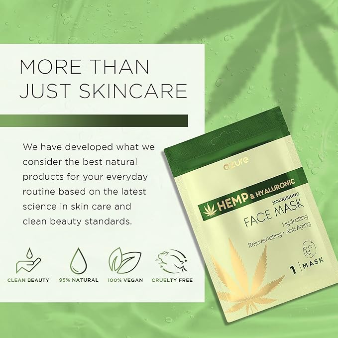 Azure Cosmetics Hemp Oil & Hyaluronic Acid Nourishing Facial Sheet - Anti Aging, Rejuvenating & Deeply Hydrating Mask - Reduces Fine Lines & Wrinkles, Locks in Moisture - Korean Skin Care - Pack of 5-VivaGrace Women