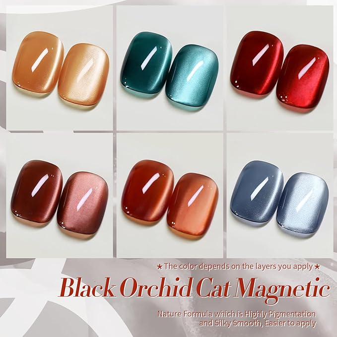 BORN PRETTY Magnetic Gel Nail Polish Water Light Cat Magnetic Eye Gel Black Orchid Jelly Glass Crystal Magnetic Gel Polish Glitter Shimmer Auroras Magnetic Gel Nail Art Manicure Kit 6PCS-VivaGrace Women