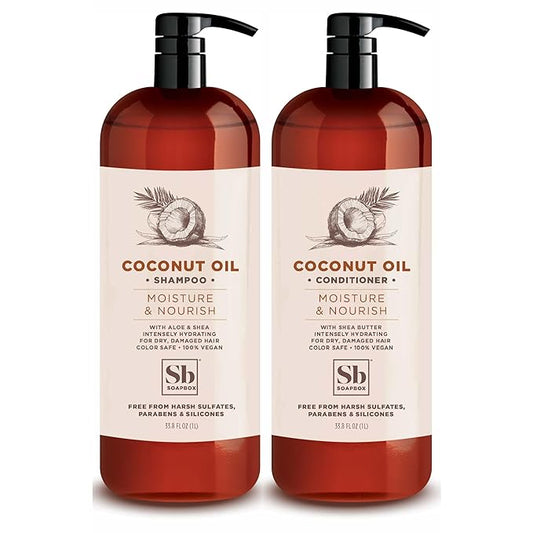 Soapbox Shampoo and Conditioner Set with Coconut Oil, Jojoba Oil, Aloe and Shea Butter to Moisturize and Nourish for All Hair Types, 1 Liter Each (Pack of 2)-VivaGrace Women
