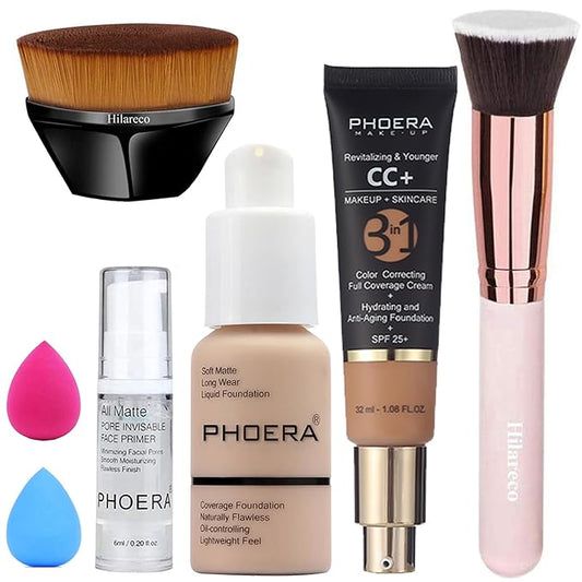 PHOERA Foundation,PHOERA CC Cream Foundation Color Correcting Anti Aging Hydrating Serum &SPF 25+,PHOERA Primer, PHOERA Makeup Foundation, Makeup Brushes (102 Nude+140 Buff Beige CC Cream)-VivaGrace Women