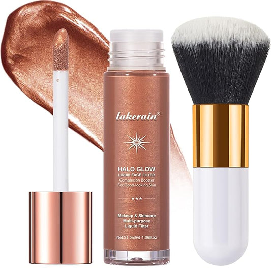 Natural Glow Liquid Filter Makeup, Longwear Face Luminizer, Complexion Booster For Any Part of the Body, Liquid Highlighter with Brush Kit, Infused Hyaluronic Acid, 1.06 fl oz (#06 TAN/DEEP)-VivaGrace Women