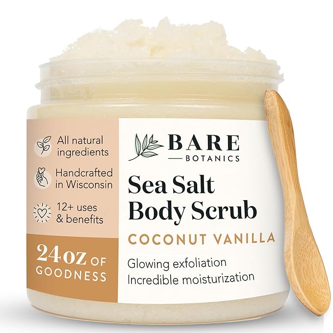 Bare Botanics Coconut Vanilla Body Scrub 24oz | Made in Madison, WI | All Natural Sea Salt Exfoliator w/ Skin Loving Moisturizers | Vegan & Cruelty Free | Gift Ready Packaging w/ a Cute Wooden Spoon-VivaGrace Women
