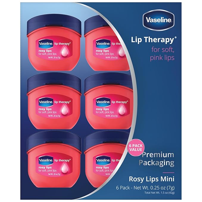 Vaseline Lip Therapy Rosy Lips Mini, Pure Petroleum Jelly, Advanced Moisture, Light Rose Fragrance, Sheer Pink Tint on Lips, Mini Vaseline Petroleum Jelly, Soft Vaseline Lips (Pack of 6-0.25 Oz Ea)-VivaGrace Women
