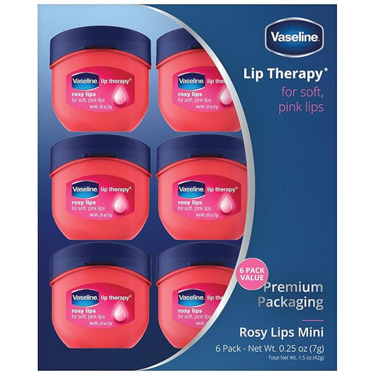 Vaseline Lip Therapy Rosy Lips Mini, Pure Petroleum Jelly, Advanced Moisture, Light Rose Fragrance, Sheer Pink Tint on Lips, Mini Vaseline Petroleum Jelly, Soft Vaseline Lips (Pack of 6-0.25 Oz Ea)-VivaGrace Women