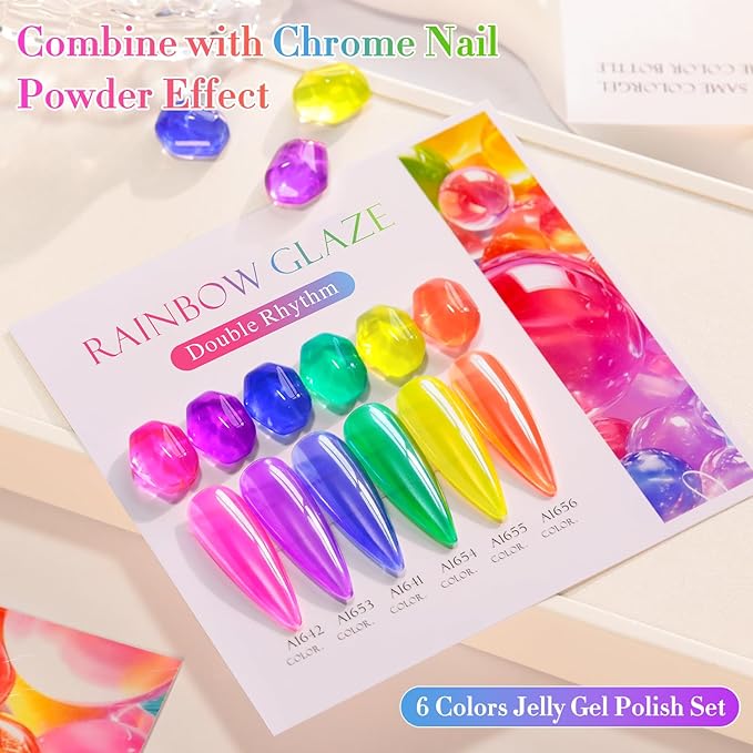 Double Rhythm 6 Pcs 15 ML Gel Polish Set Same Color Same Bottle Soak Off Jelly Neon Gel Polish Kit Nail Art Manicure Salon DIY at Home (Pink Purple Blue Green Yellow Green-T6-50)-VivaGrace Women