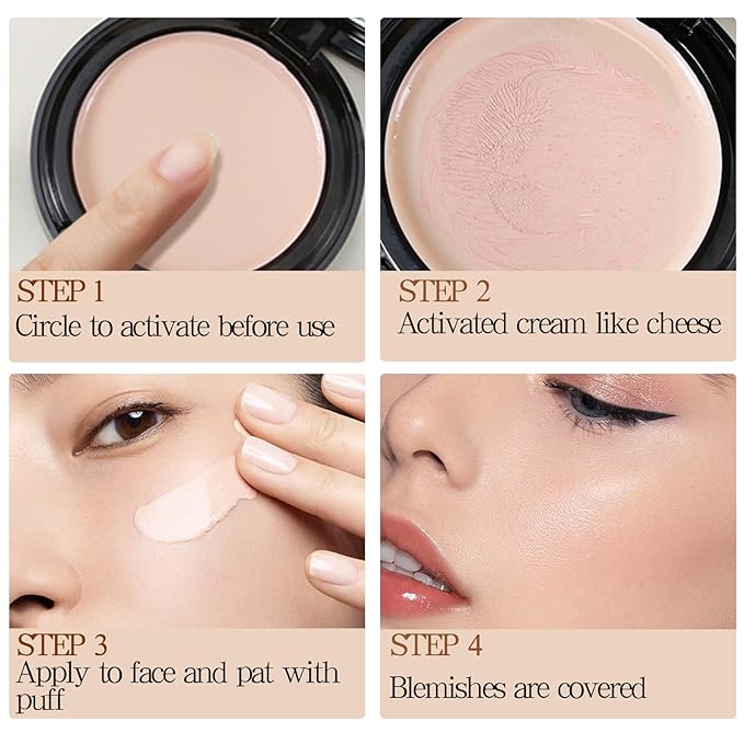 Powder Foundation,Long Wear Full Coverage Foundation with Sponge,Flawess Demi-Matte Finish,Brighten Correcting Color-VivaGrace Women