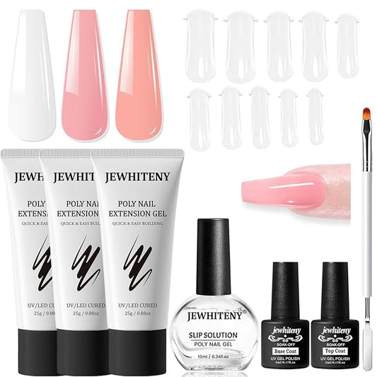 JEWHITENY Poly Nail Gel Set Clear Pink White Neutral Classic Color Poly Extension Gel With Base and Top Coat Slip Solution French Manicure for Home DIY Need U V Lamp Curing-VivaGrace Women