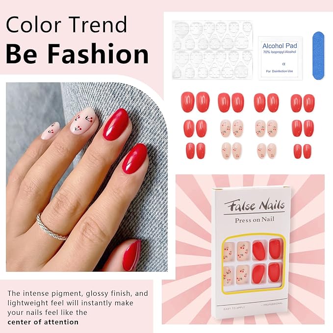 24 Pcs Cherry Press-on Nails | Extra Short, Almond Shaped, Pink/Red - Full Cover, Acrylic, Reusable, Fruit Design, Glossy Finish for Women's Daily Nails Art