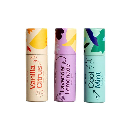 Plant Therapy Love Your Lips Lip Balm Trio Set 0.9 oz (25.5 g) Simple, Natural Ingredients & Packaged in Eco-Friendly Recyclable Cardboard, Refreshing Flavors Including: Lavender Lemonade, Vanilla Citrus, Cool Mint-VivaGrace Women