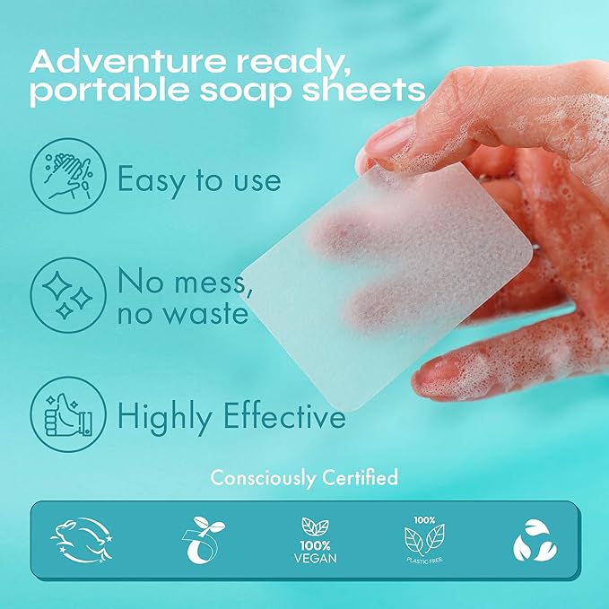 FOMIN - Antibacterial Paper Soap Sheets for Hand Washing - (200 Sheets) Lavender Portable Travel Soap Sheets, Dissolvable Camping Mini Soap, Portable Hand Soap sheet