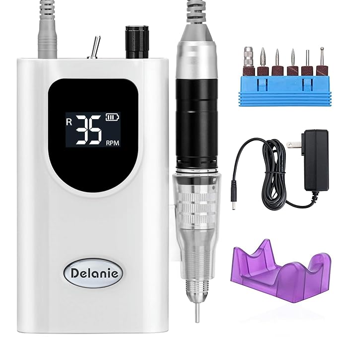 Delanie Professional Nail Drill High Torque 35000 RPM Rechargeable Portable Electric Nail File Filer for Acrylic Gel with Cuticle Bits, Salon Manicure Tool, White-VivaGrace Women