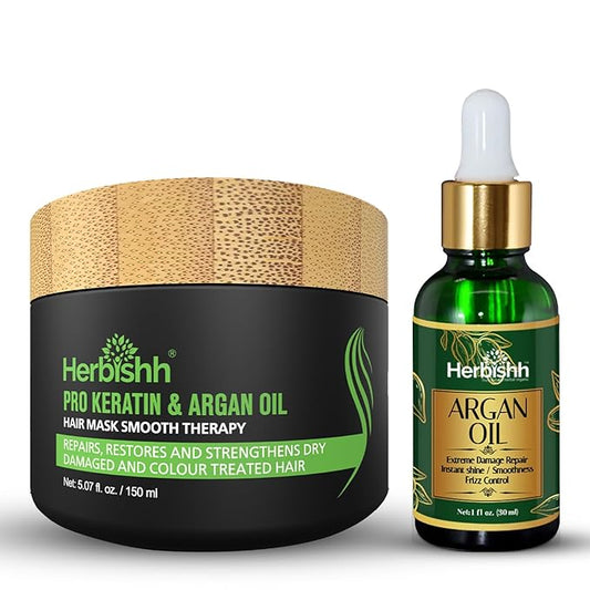 Herbishh Argan Oil & Hair Mask Combo For Deep Conditioning Treatment – Argan Oil for Hair Repair & Frizz Control (30ml) & Argan Hair Mask for Hydration (150ml), Sulfate & Paraben Free-VivaGrace Women
