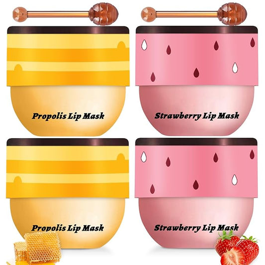 4 PCS Lip Mask Overnight, Honey&Strawberry Moisturizing Repair Sleeping Lip Balm, Fade Lip Lines Bee lip Balm, Hydrating &Prevention Dry and Crack Lip Scrubs Exfoliator (2 Honey & 2 Strawberry)-VivaGrace Women