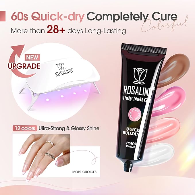 ROSALIND 12PCS Pink Brown Poly Nail Gel Kit with Mini Nail Lamp White Glitter Pink Poly Extension Gel Set-VivaGrace Women