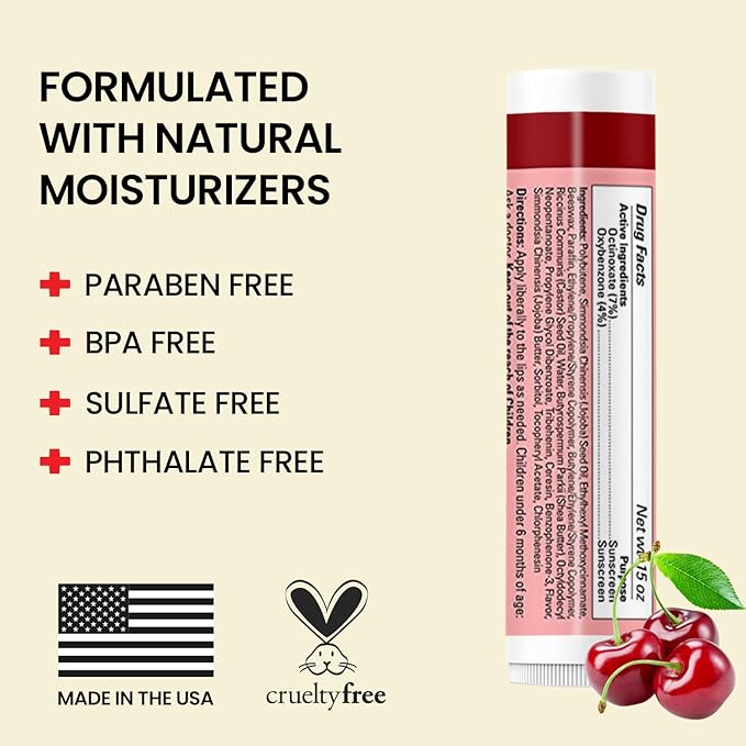 Original Udder Stick SPF Lip Balm, Soothing Moisturizer Sun Screen Balm for Dry Lips with Jojoba, Beeswax & Shea Butter, Total Lip Care, Hydration & Repair, Cherry Flavor, 4 Pack-VivaGrace Women