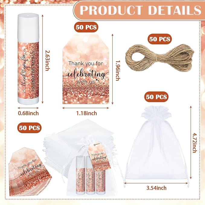 Dunzy 50 Pack Bridal Shower Favors Gifts Bulk Lip Balms Wedding Bachelorette Favors Baby Shower Favors Prizes Souvenirs Thank You Appreciation Gifts for Guests Women Men Coworker Staff-VivaGrace Women