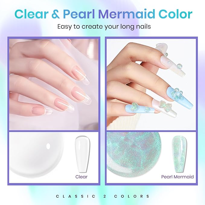 MIZHSE Solid Builder Gel for Nails – 2PCS 1oz Mermaid Pearl & Clear Hard Gel Kit with Nail Forms 3D Mold Soak-off U V 3D for Nails Extension for Salon Manicure Home DIY-VivaGrace Women