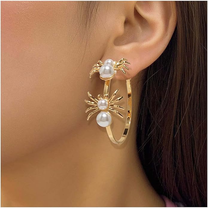 Vintage Hollow Circle Drop Earrings Pearl Spider Dangle Earrings Gold Spider Circle Earrings Exaggerated Circle Huggie Hoop Earrings Jewelry for Women-VivaGrace Women
