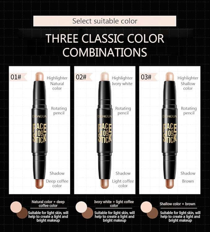 BIOAQUA Play 109 Face Stick Contour Duo 2 in 1 Highlighter Pencil (#02 IVORY WHITE / LIGHT COFFEE)-VivaGrace Women