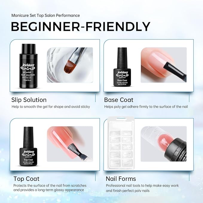 JEWHITENY Poly Nail Gel Kit 14 Colors Purple Nude Grey Black Blue Glitter Tones Starter Kit with UV Lamp Matte & Glossy Top & Base Coat All-in-One Designs DIY At Home-VivaGrace Women