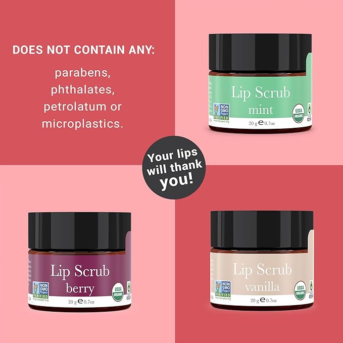 Organic Lip Scrub Berry - Lip Scrubs Exfoliator & Moisturizer, Lip Exfoliator Scrub, Sugar Lip Scrubs, Lip Sugar Scrub, Lip Care Products for Chapped Lips, Lip Scrubber, Lip Moisturizer for Dry Lips-VivaGrace Women