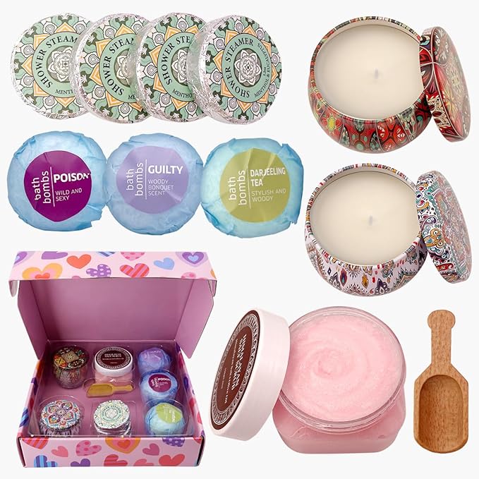 Birthday Gifts For Women-Assorted 4 Shower Steamers, 3 Bath Bombs, 2 Scented Candles, and 1 Exfoliating Body Scrub - Gifts for Mom, For Women, For Wife and Girlfriend……-VivaGrace Women