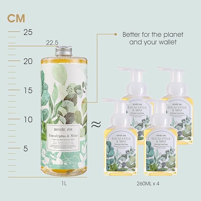 Eucalyptus & Mint Scented Foaming Hand Soap Refill Gift Set - 3 Pack with Dispenser, Non-Toxic and Biodegradable Formula, Moisturizing Essential Oils for Sensitive Skin (33.8 Fl Oz x 3)