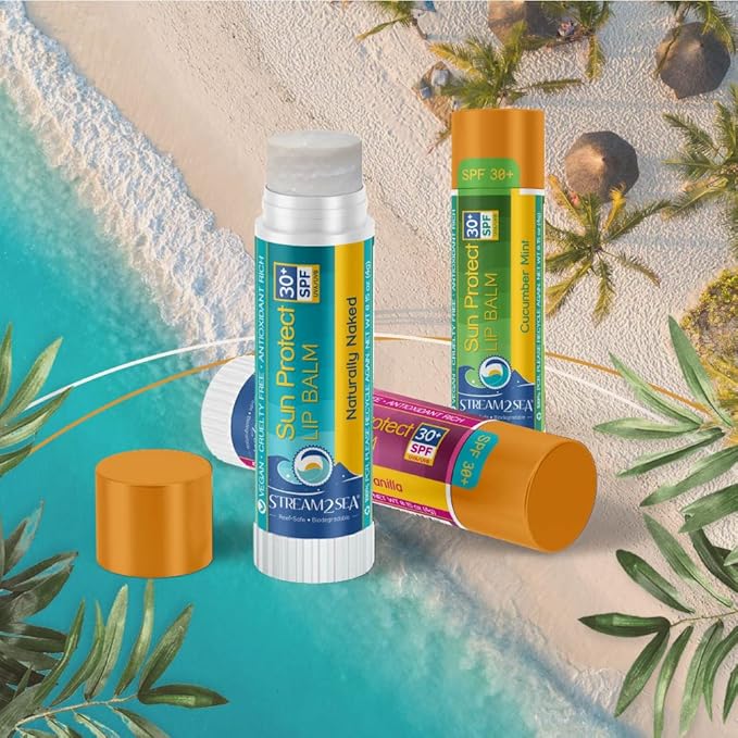 STREAM 2 SEA SPF 30 Organic Lip Balm Set, Reef Safe Cherry Vanilla, Naturally Naked and Cucumber Mint, Moisturizing + Sun Protect Outdoor Lip Balm For Beach and Sports, Paraben Free Lip Moisturizer-VivaGrace Women