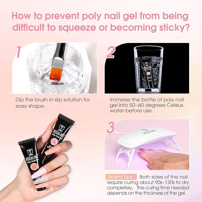 ROSALIND Poly Nail Gel Kit -14 Colors +72 Nail Art Accessories kit Nude Pink Poly Nails Gel Kit Starter Kit with Mini UV Lamp Slip Solution Basic Poly Nail Art Tools for Beginners with Everything-VivaGrace Women