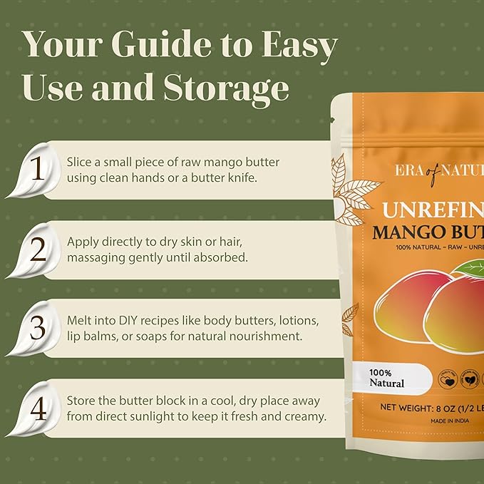 era of nature Organic Unrefined Raw Mango Body Butter Block 8oz - Moisturizing Mango Seed Raw Butter Bar for Skin & Hair, DIY Lip Balm Base, Cream, Soap & Lotion Making Supplies Kit, Personal Skincare-VivaGrace Women
