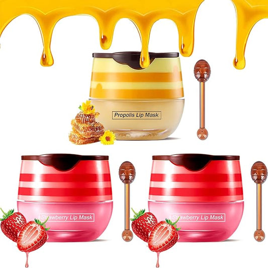 Bee Lip Balm Honey Pot,Strawberry & Honey Moisturizing Propolis Lip Mask,Hydrating Prevention Dry and Cracked Lip Scrubs Exfoliator,Lip Sleep Mask Reduces Lip Lines Lip Skin Care Products-VivaGrace Women