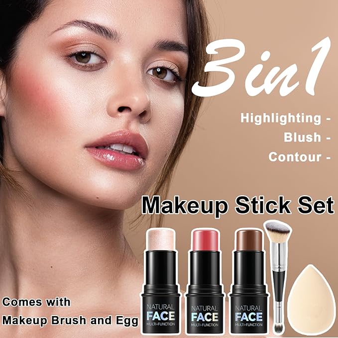 3Pcs Cream Contour Stick Makeup Kit, Shades with Highlighter Stick, Blush Stick and Bronzer Contour Stick for Sculpt the Cheeks, Long Lasting, Waterproof, Matte & Dewy Finish (LIGHT MEDIUM)-VivaGrace Women
