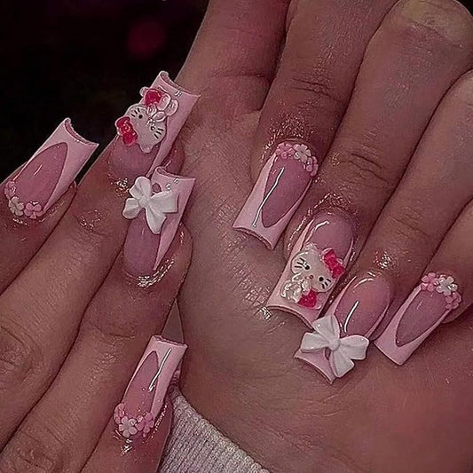 24Pcs French Tip Press on Nails Medium Pink False Nails with Bow Design, Cartoon Cute Nails Press ons Pink Stick on Nails Acrylic Nails Square False Nails for Women